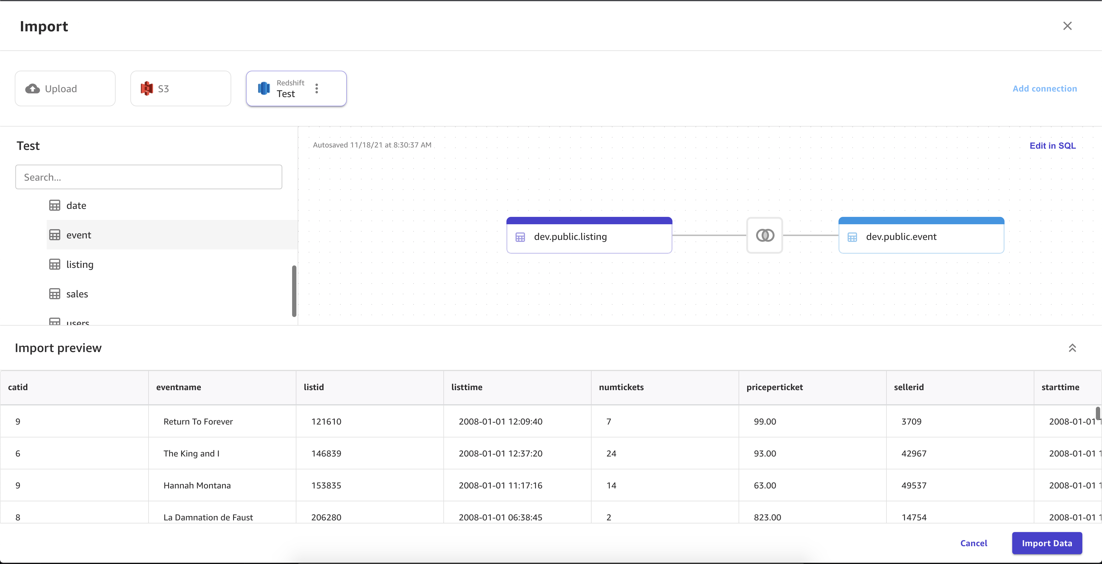 Screenshot dari halaman Impor di Canvas, menunjukkan dua kumpulan data yang digabungkan.