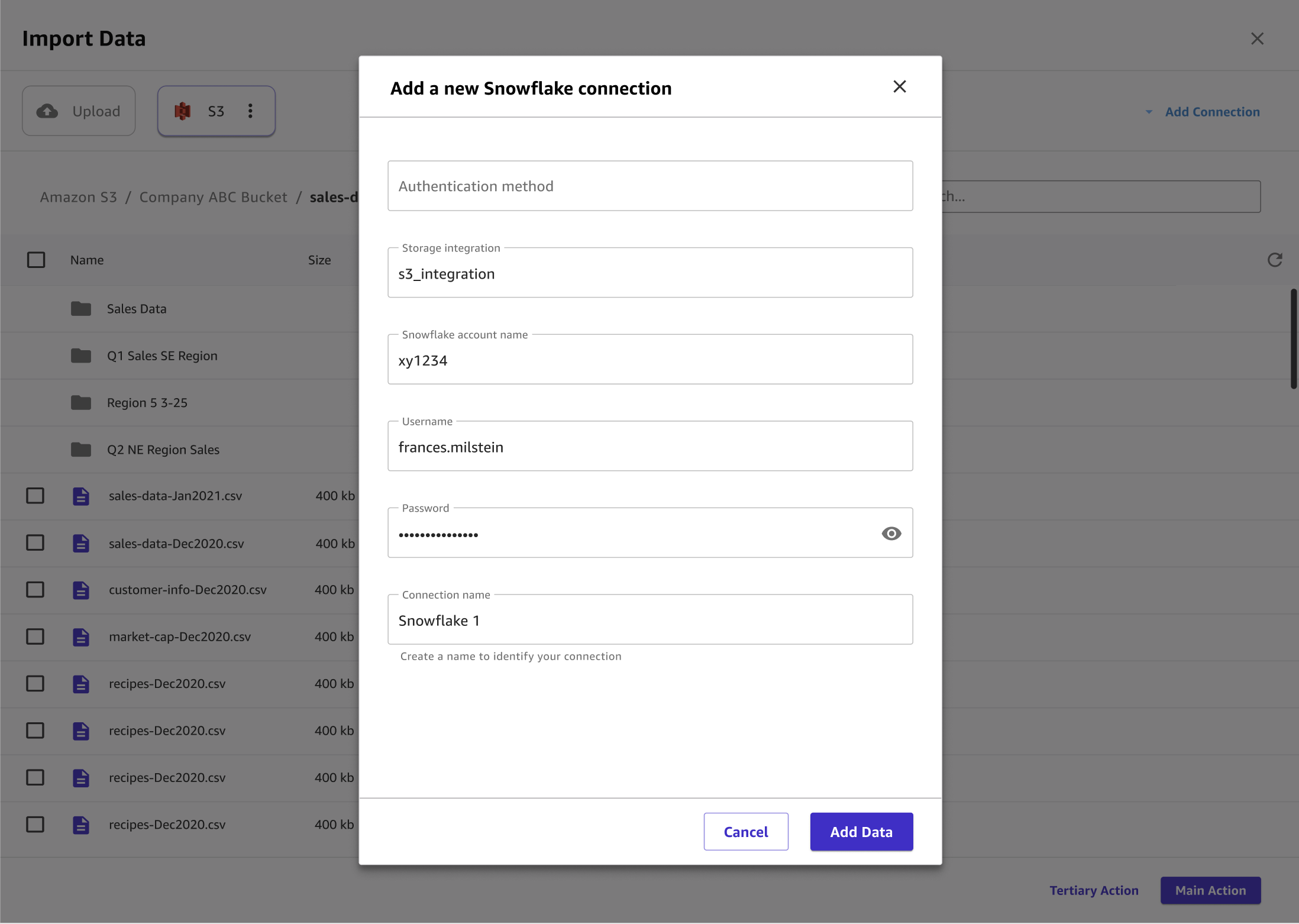 Tangkapan layar dari kotak dialog Tambahkan koneksi Snowflake baru di Canvas.