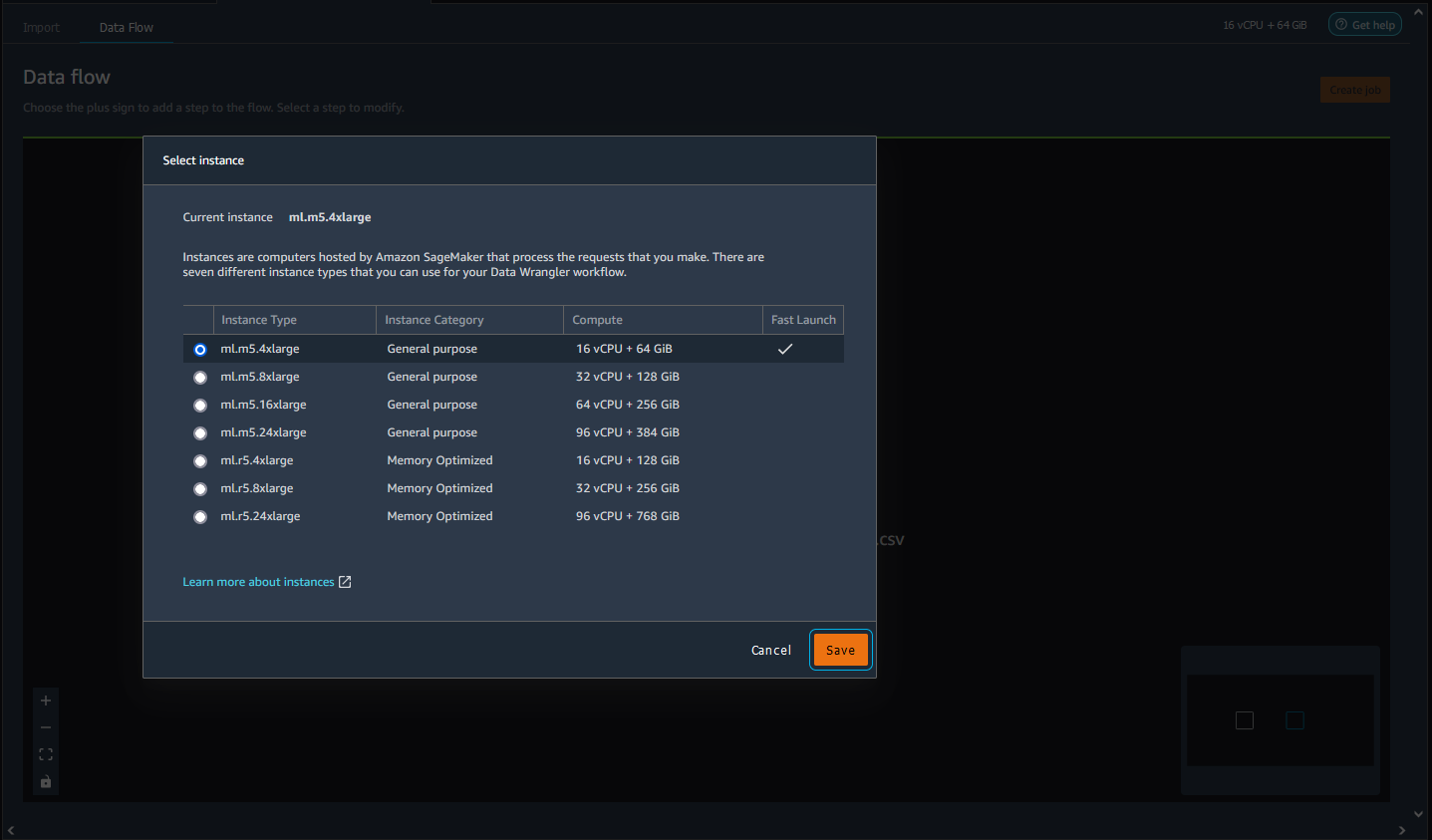 Contoh yang menunjukkan cara memilih instance di halaman aliran data konsol Data Wrangler.