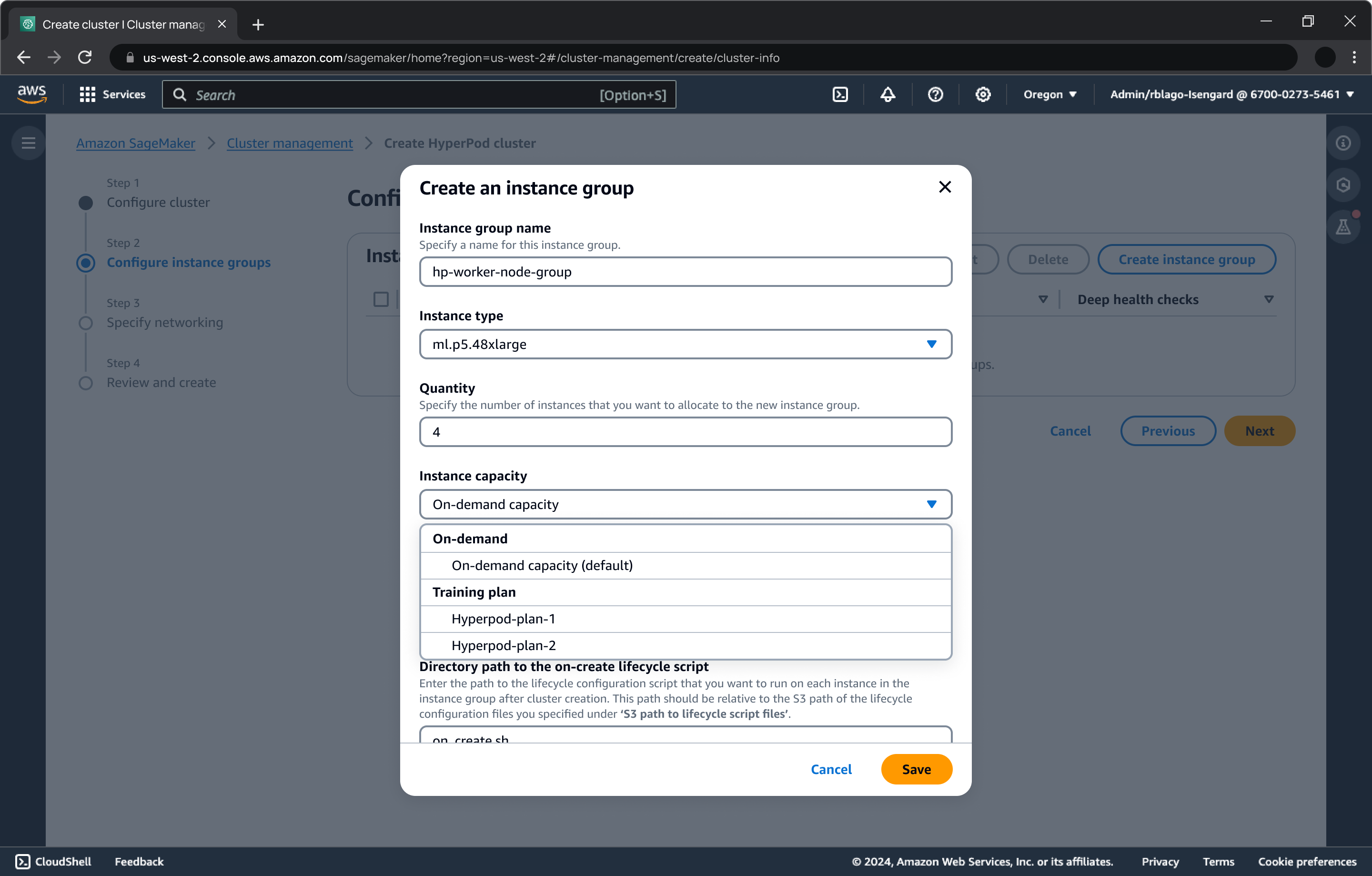 SageMaker Antarmuka konsol AI menampilkan jendela modal untuk membuat grup instance dalam sebuah SageMaker HyperPod cluster. Formulir ini mencakup bidang untuk nama grup instance, jenis instans, kuantitas, kapasitas instans (dengan opsi untuk rencana sesuai permintaan dan pelatihan), dan jalur direktori untuk skrip siklus hidup saat dibuat.