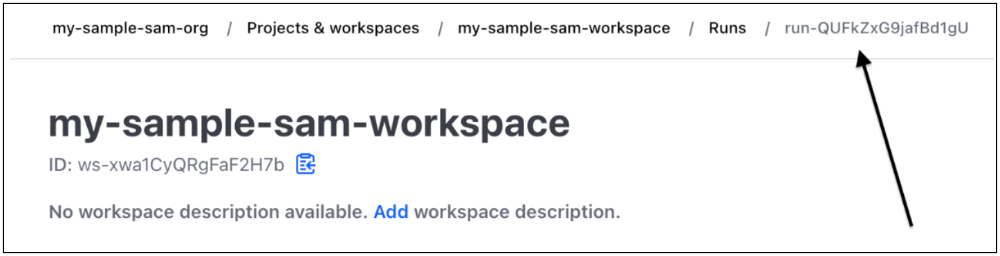 Jalur Breadcrumb di Terraform Cloud yang menampilkan ID run.