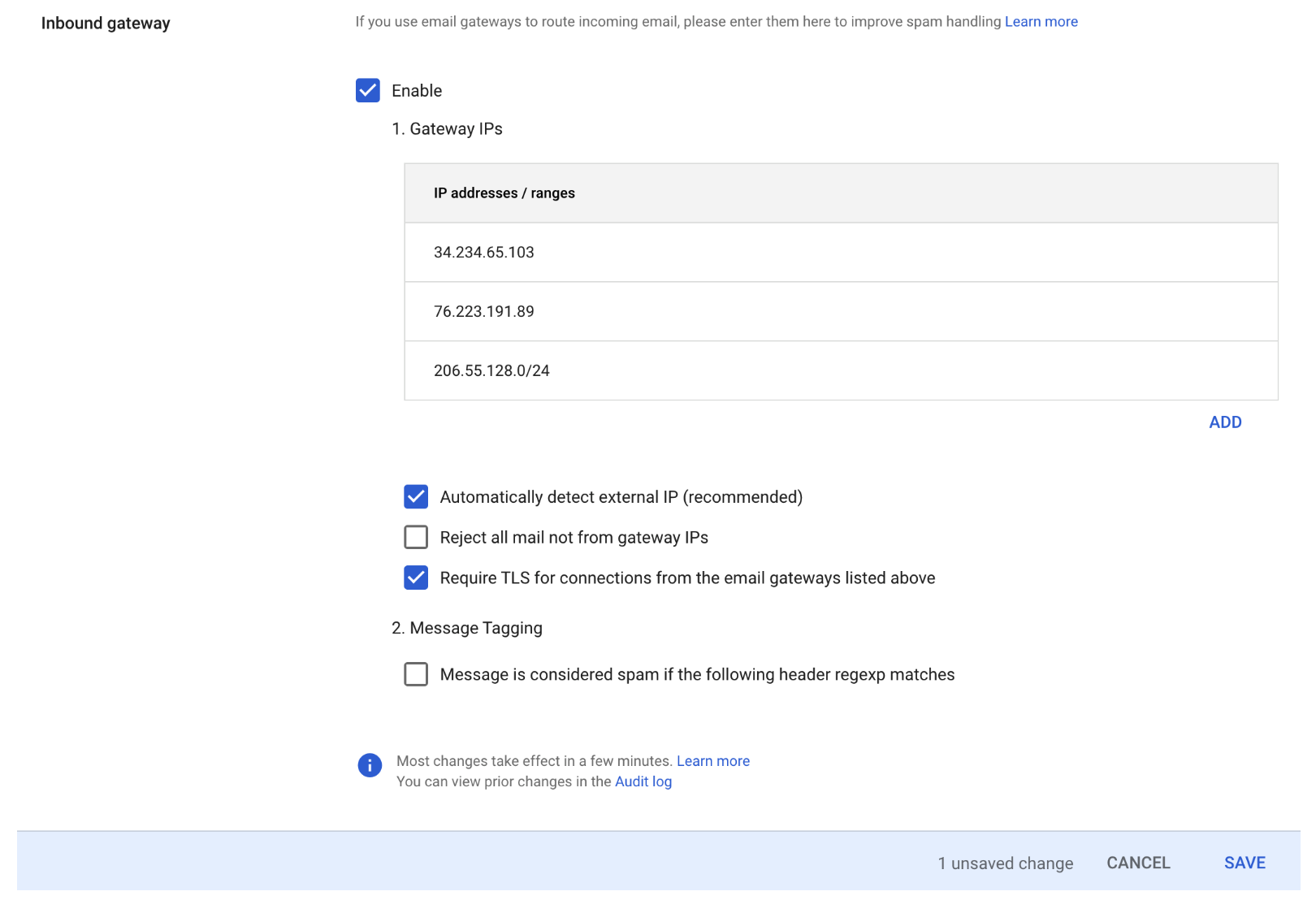 Aktifkan Inbound gateway, dan konfigurasikan dengan detail.