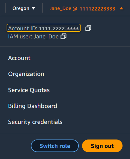 Kotak drop-down informasi akun dengan ID akun disorot