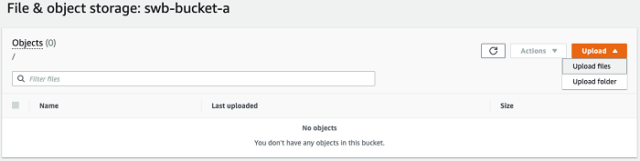 Bucket Amazon S3 dengan Unggah file yang dipilih dari menu Unggah