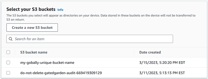 Pilih panel bucket S3 Anda yang menampilkan tombol Bucket S3 baru, cari file, dan nama bucket S3.