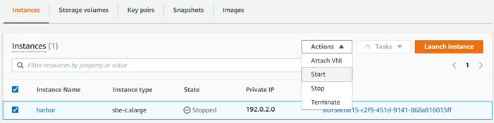 Tab instance yang menampilkan instance yang dipilih dan menu Tindakan terbuka dengan Mulai dipilih.