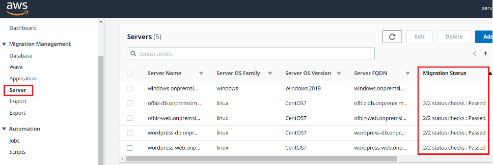 AWS Migration Management dashboard showing server list with migration status for 5 servers.