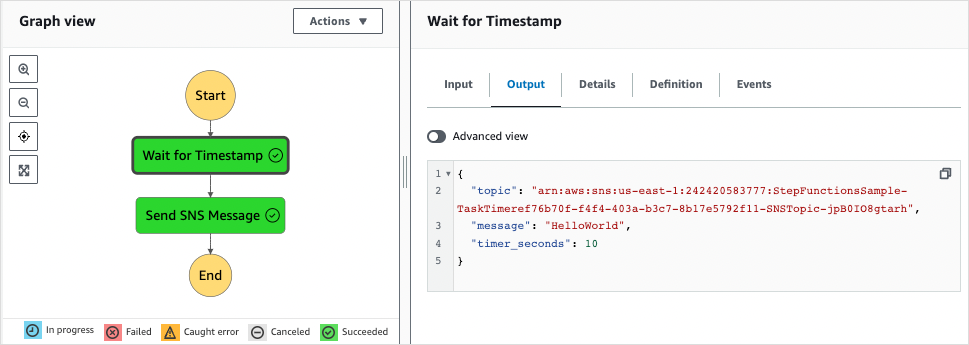 Output eksekusi dari langkah Tunggu Timestamp yang dipilih dalam tampilan Grafik.