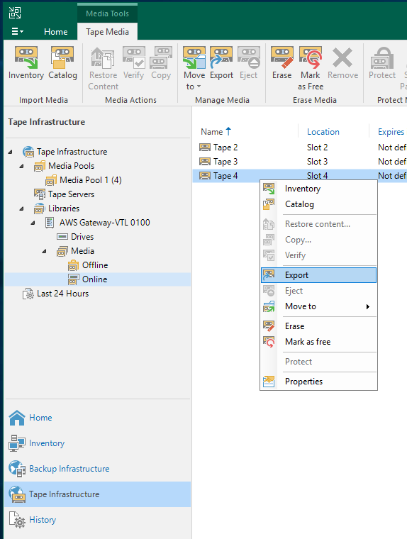 Layar Veeam dengan media online Storage Gateway dipilih dan ekspor disorot dalam menu konteks tape.