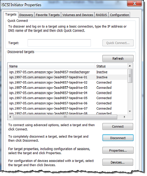 i properti SCSI inisiator yang menunjukkan tab target dengan daftar target yang ditemukan.