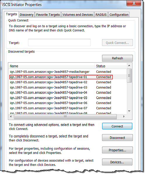 i SCSI inisiator properti menargetkan tab dengan target yang disorot yang menunjukkan status terhubung.