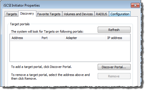 i dialog properti SCSI inisiator yang menampilkan tab penemuan dan menemukan tombol portal.