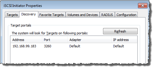 i tab penemuan properti SCSI inisiator yang menunjukkan portal target dengan alamat IP.