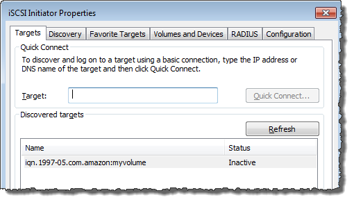 i tab target properti SCSI inisiator yang menunjukkan target yang tidak aktif.