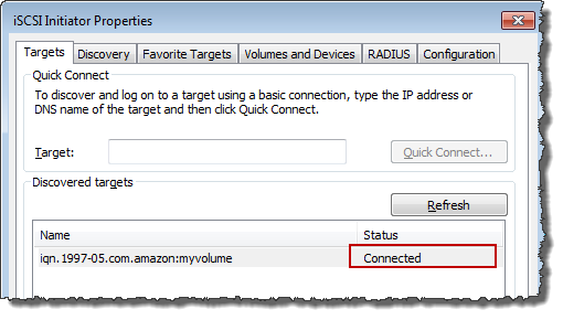 i tab target properti SCSI inisiator yang menunjukkan target yang terhubung.