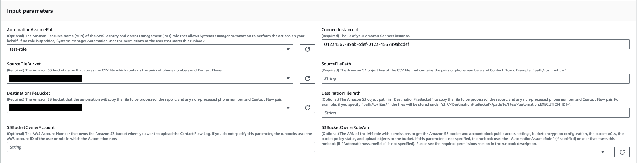 Input parameters form for AWS Systems Manager Automation with fields for roles, S3 buckets, and file paths.