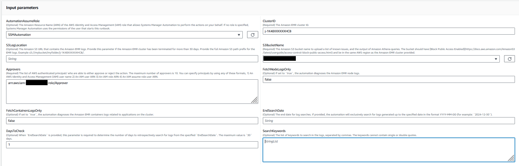 Input parameters form for AWS Systems Manager Automation with various fields and options.