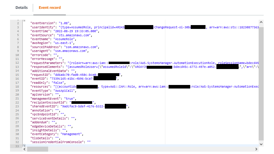 JSONcatatan permintaan perubahan dari CloudTrail Danau.