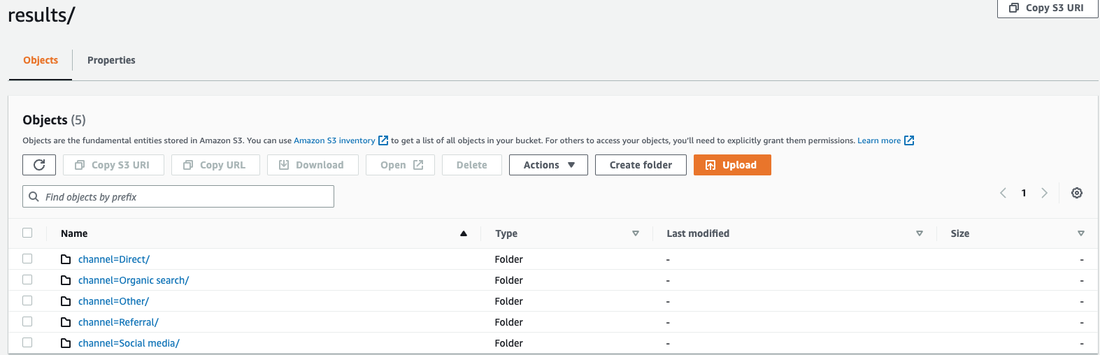 Folder structure showing channels: Direct, Organic search, Other, Referral, and Social media.