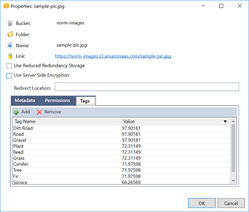 Properties window showing metadata tags for an image file in a cloud storage bucket.