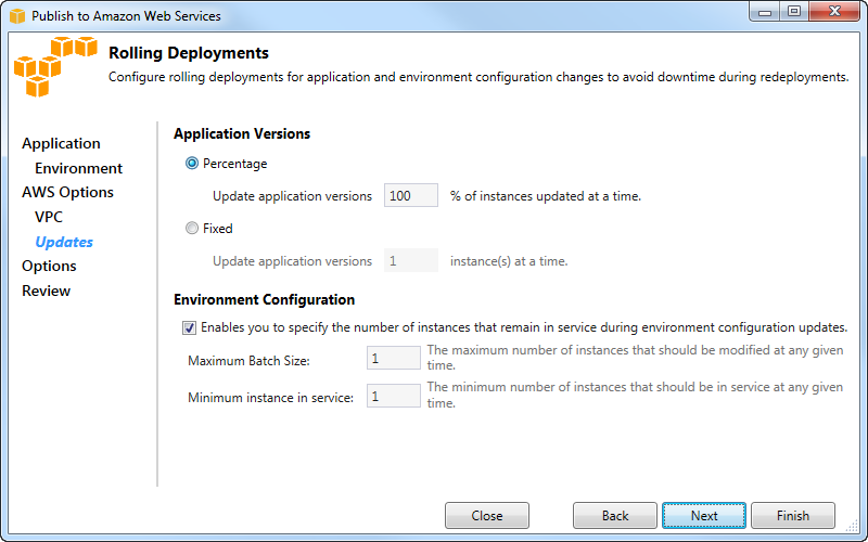 Rolling Deployments configuration interface for AWS application updates and environment settings.