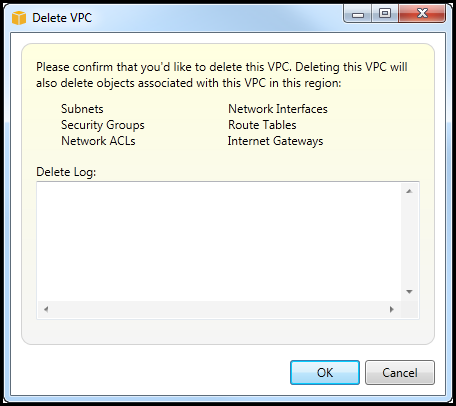 Confirmation dialog for deleting a VPC, listing associated resources to be deleted.