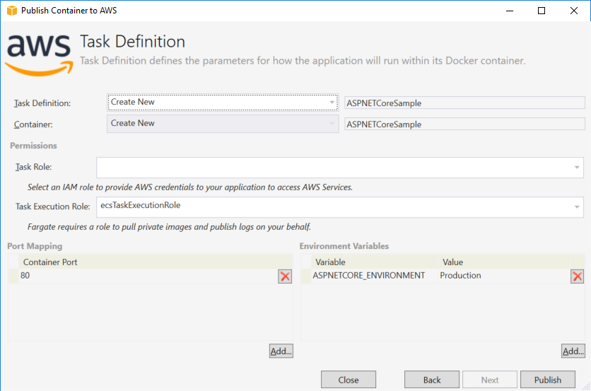 AWS Task Definition interface for configuring Docker container parameters and permissions.