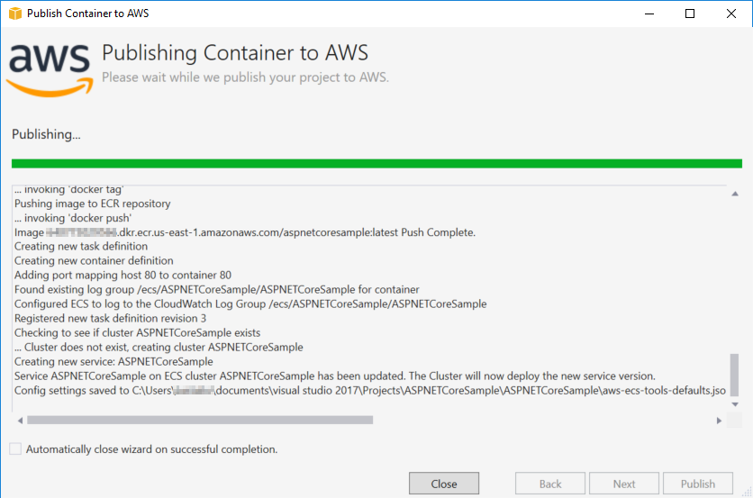 AWS container publishing progress window showing steps for deploying to ECS and ECR.