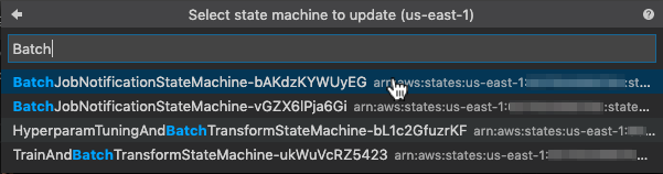 Dropdown menu showing state machine options for updating in us-east-1 region.