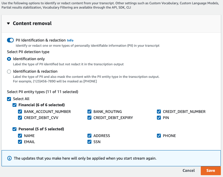 Amazon Transcribe tangkapan layar konsol: panel pengaturan lanjutan, semuanya runtuh.