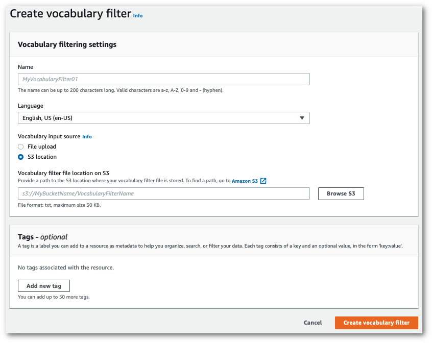 Amazon Transcribe tangkapan layar konsol: halaman 'buat filter kosakata'.