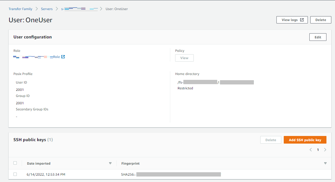 AWS Transfer Family Konsol, menampilkan detail pengguna untuk pengguna yang dipilih.