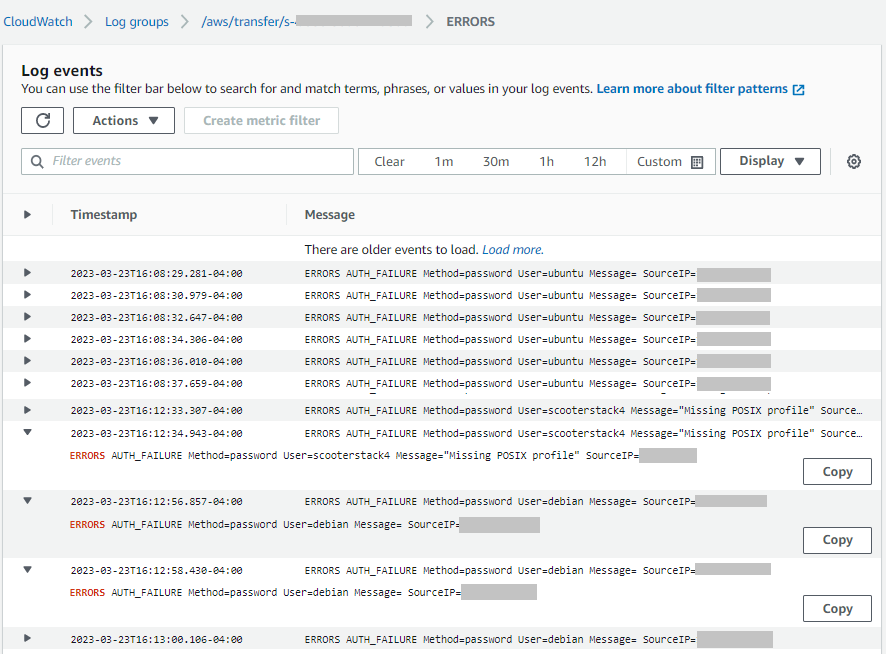 Logging ERRORS misalnya halaman. Contoh ini menunjukkan rincian untuk beberapa kegagalan otentikasi.