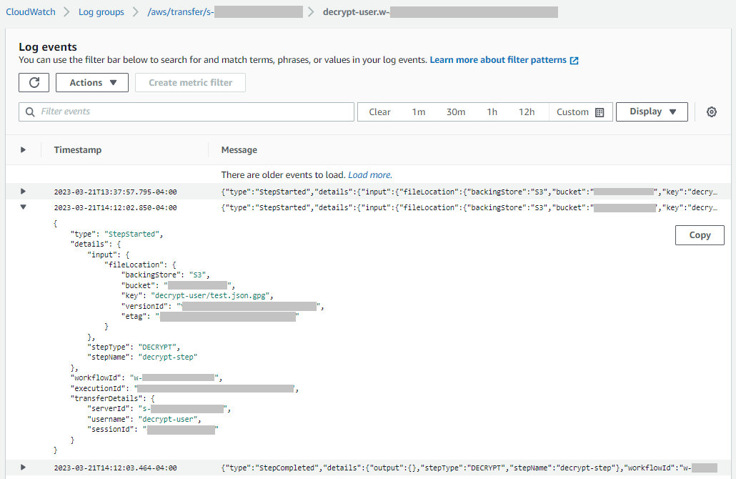 Contoh layar logging, menampilkan entri untuk satu kali berjalan melalui alur kerja, dengan entri StepStarted log diperluas.