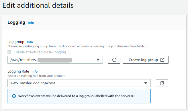 Panel logging jika server telah mengaktifkan logging terstruktur dan juga memiliki peran logging yang ditentukan.