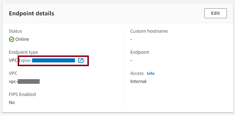 Halaman detail server konsol Transfer Family, menampilkan detail Endpoint untuk VPC server.