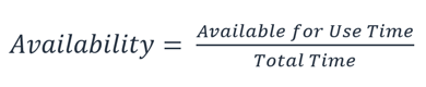 $\text{Availability} = \ \frac{\text{Available}\ \text{for}\ \text{Use}\ \text{Time}}{\text{Total}\ \text{Time}}$