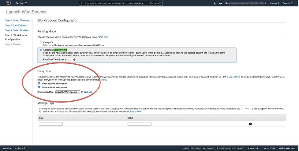 Screenshot WorkSpaces konsol dan cara mengekcrypt volume root