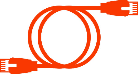 Orange Ethernet cable with connectors at both ends, coiled in a circular shape.