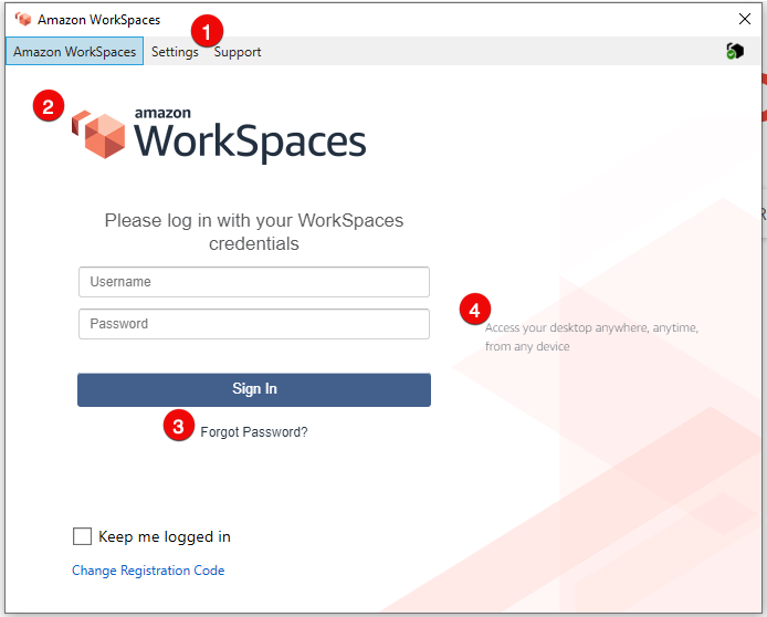 WorkSpaces layar masuk klien