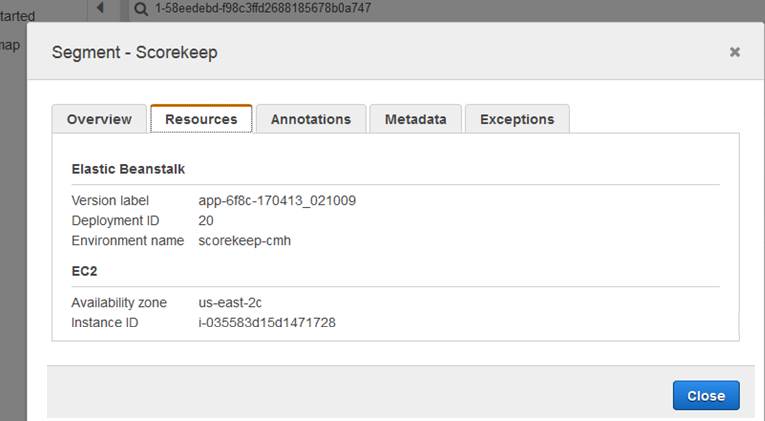 Segment - Scorekeep overview showing Elastic Beanstalk and EC2 deployment details.