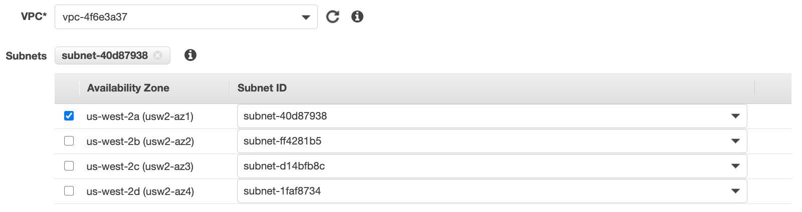 Pilih VPC dan subnet.