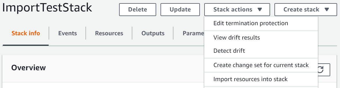 The Import resources into stack option in the console.