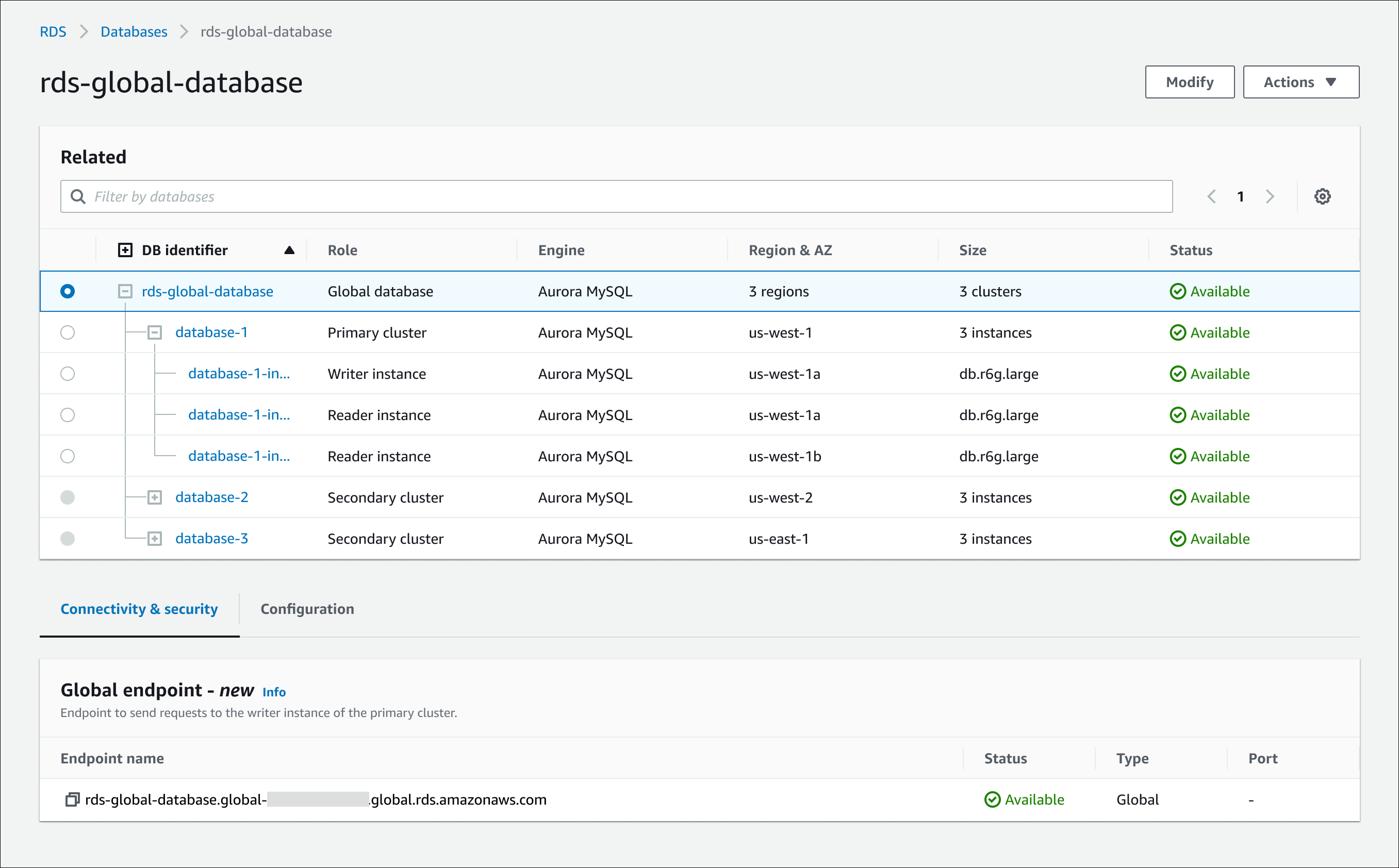 In the RDS console, the Connectivity & security tab for an Aurora Global Database shows the global writer endpoint.