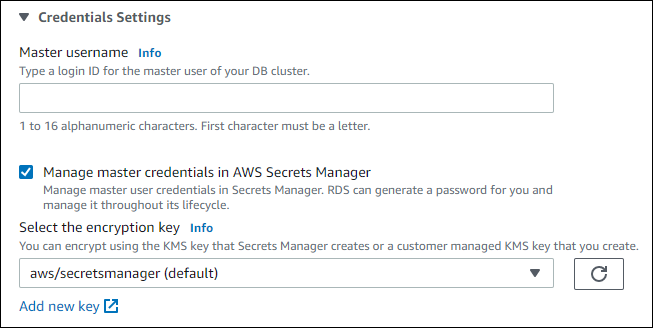 Manage master credentials in AWS Secrets Manager selected