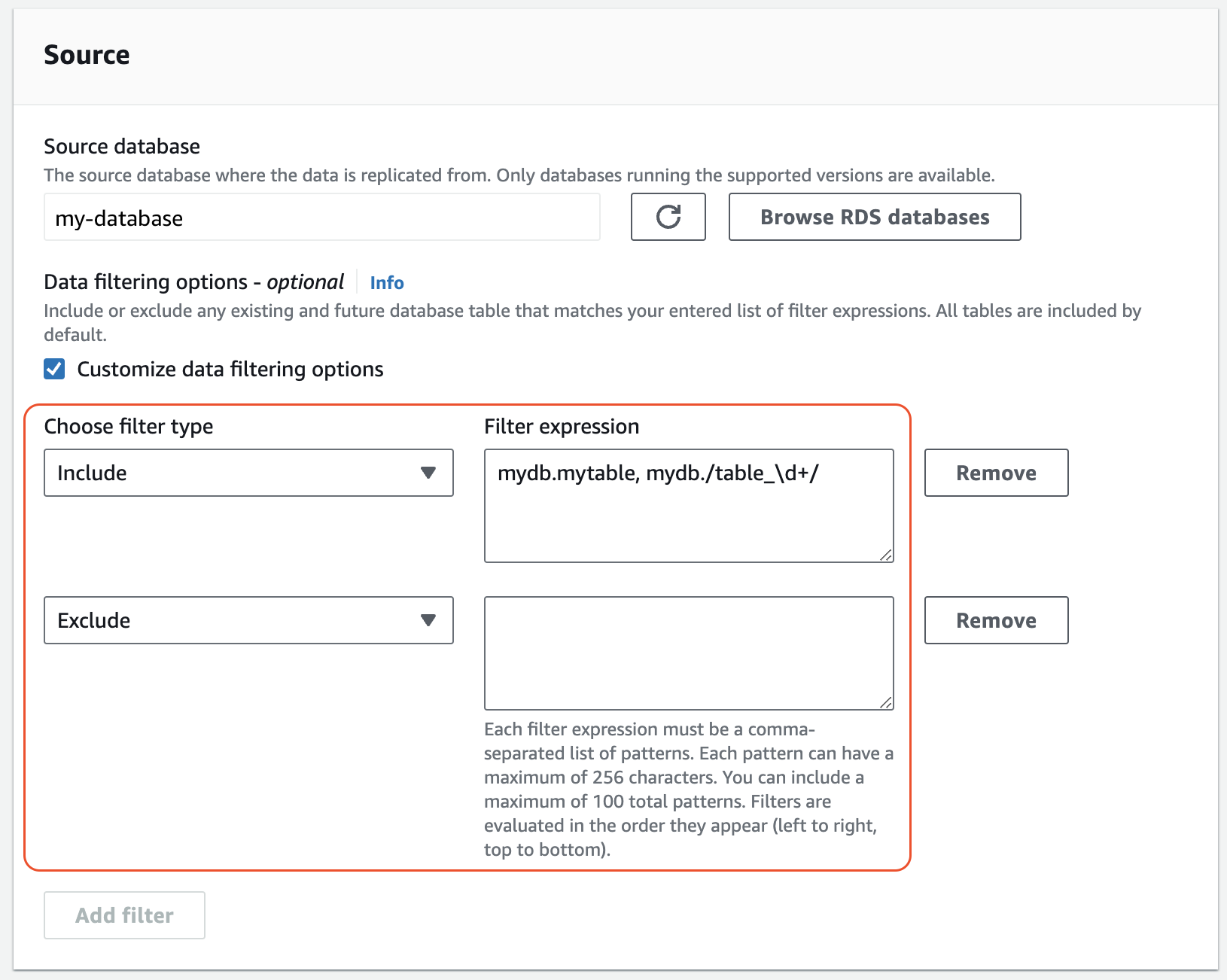 Data filters for a zero-ETL integration in the RDS console