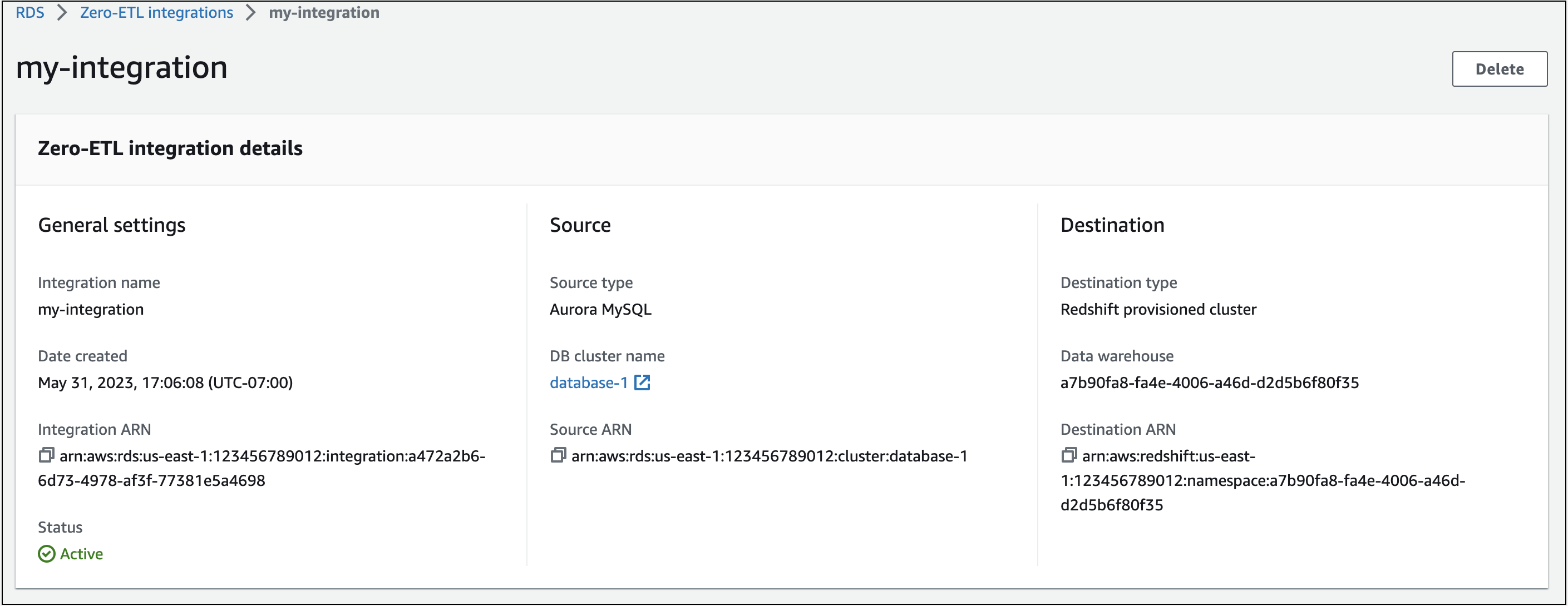 Details about a zero-ETL integration