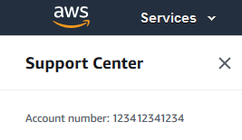 AWS Support Center page showing the account number.