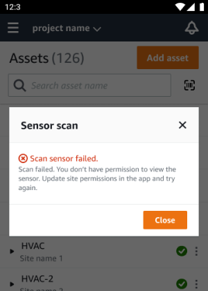 Error message indicating sensor scan failure due to insufficient permissions.