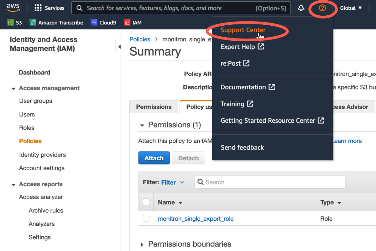 AWS console interface showing IAM dashboard with Support Center dropdown menu highlighted.